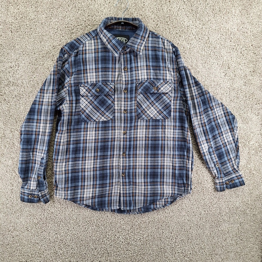 Rugged Wear Flannel Mens Large Blue Plaid Long Sleeve Button Up Shirt Outdoor